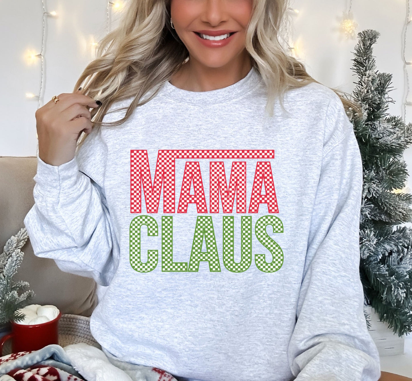 Mama Claus Retro Checkered Flag Crewneck Christmas Sweatshirt