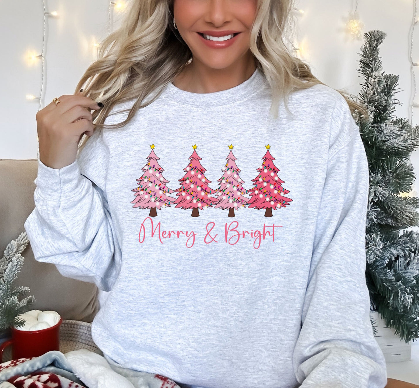 Merry And Bright Pink Christmas Trees Crewneck Sweatshirt