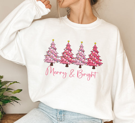 Merry And Bright Pink Christmas Trees Crewneck Sweatshirt