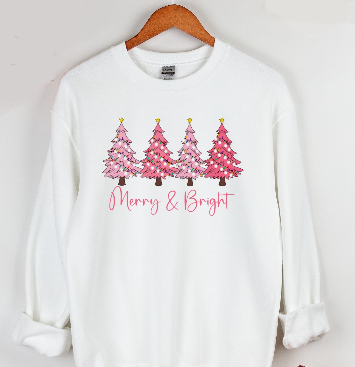 Merry And Bright Pink Christmas Trees Crewneck Sweatshirt