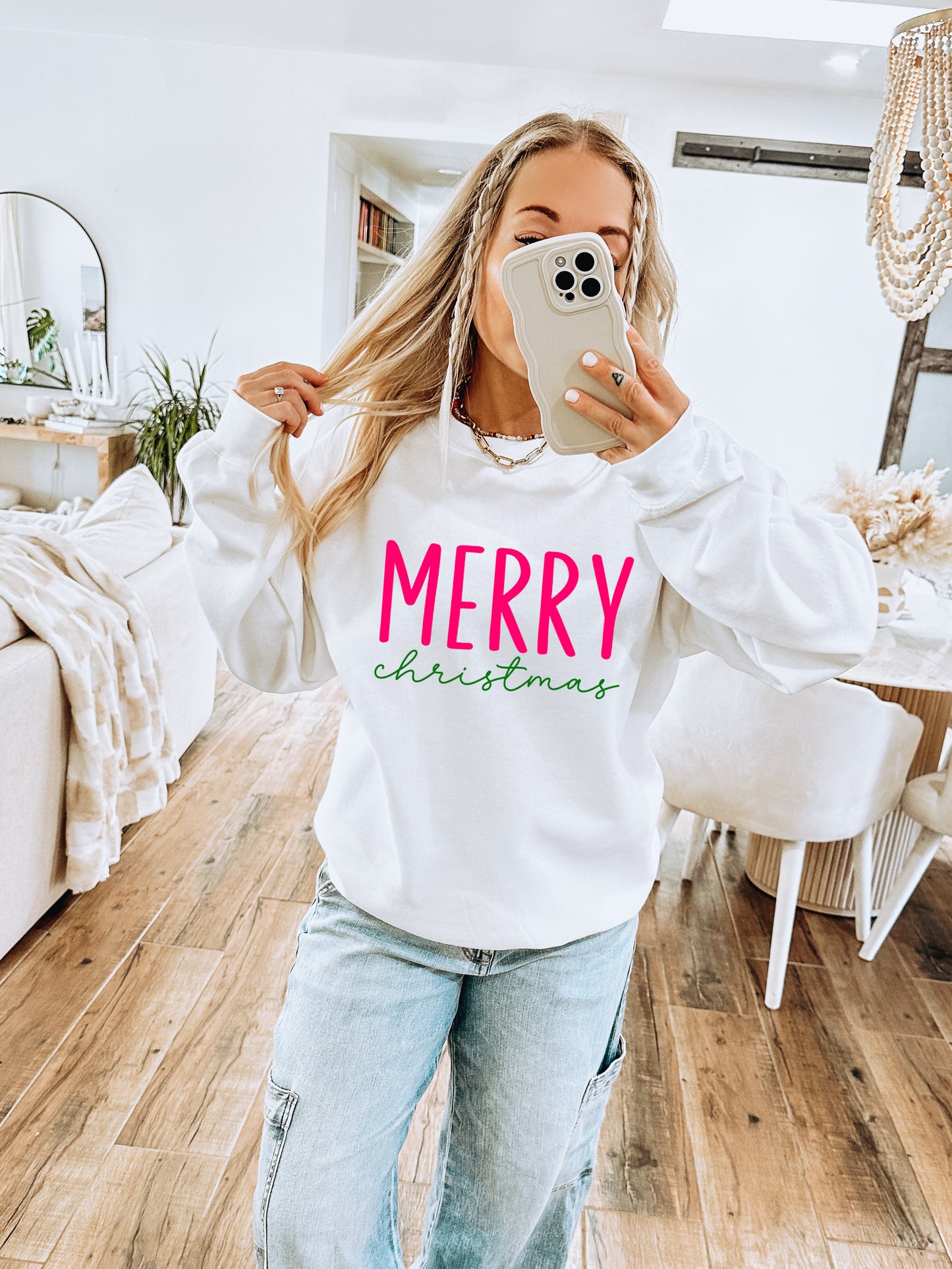 Merry Christmas Pink Long Sleeve Sweatshirt