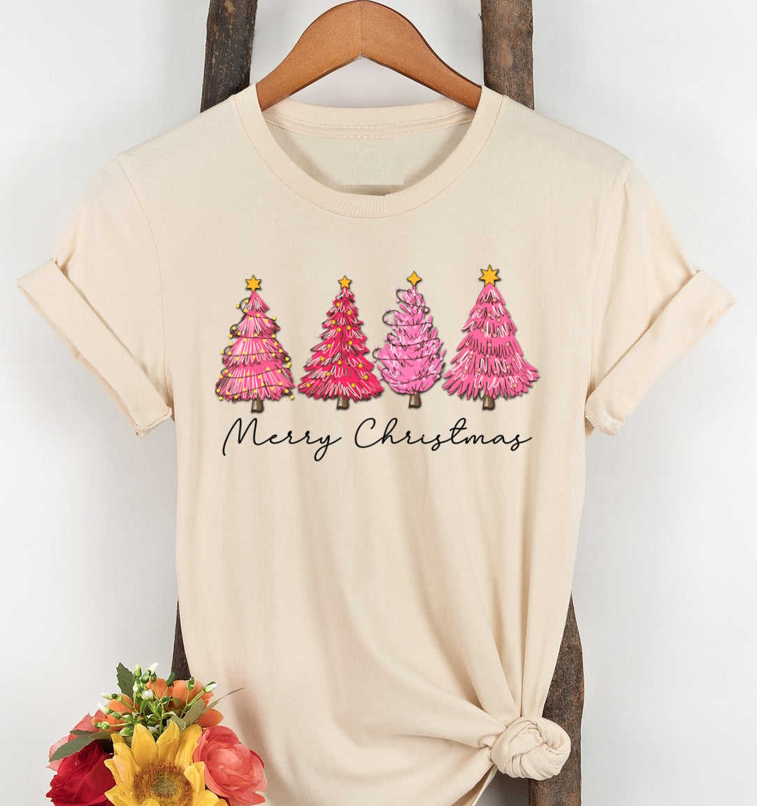 Pink Christmas Trees Merry Christmas T-shirt