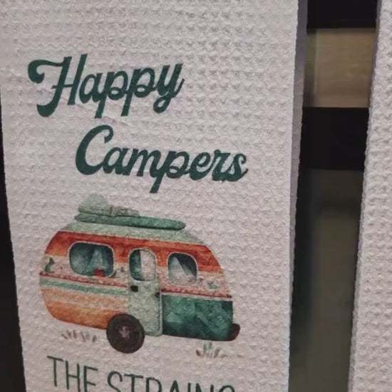 Happy Campers Watercolor Camp Dish Towel - Personalized Tea Towel Camper Kitchen Decor  - Camping RV Travel Trailer Kitchen Towel