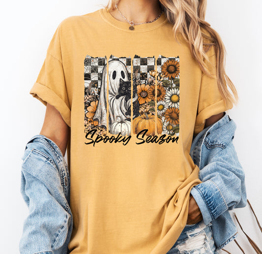 Spooky Season Halloween Comfort Colors® T-shirt, Cute Halloween Ghost Cat Tee, Fall Autumn Shirt