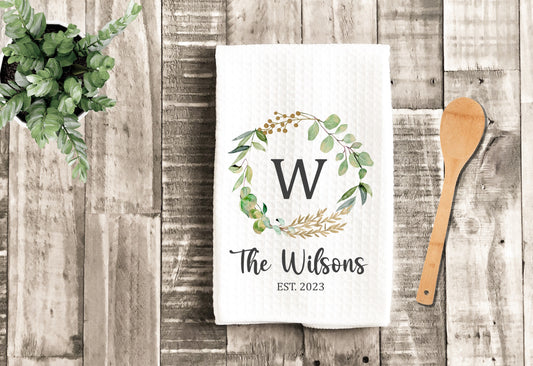 Custom Monogram Wreath Tea Dish Towel - Leaf Tea Towel Kitchen Décor