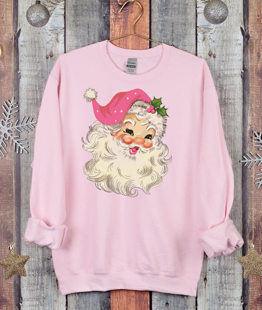Vintage Retro Pink Santa Merry Christmas Crewneck Sweatshirt