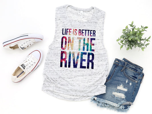 Life Is Better On The River Novelty Women’s Flowy Scoop Comfy Muscle Tank Shirt