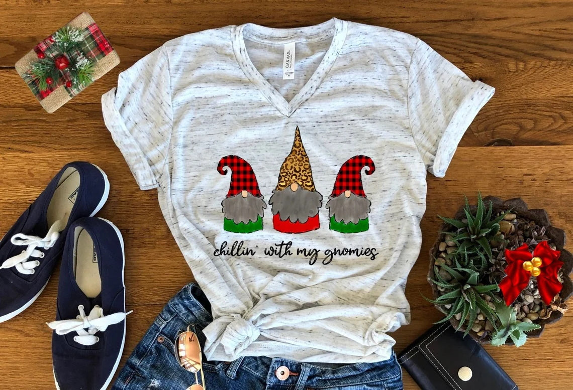 Chillin With My Gnomies Funny Chilling Gnomes Christmas Bella Unisex V Neck T-Shirt