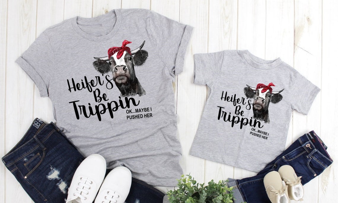 Heifers Be Trippin, Okay Maybe I Pushed Her, Funny Cow Tripping Farm Adult Kids Toddler Baby Shirt