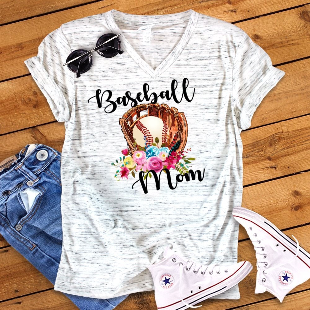 Baseball Mom Floral Watercolor Unisex V Neck Graphic Tee T-Shirt