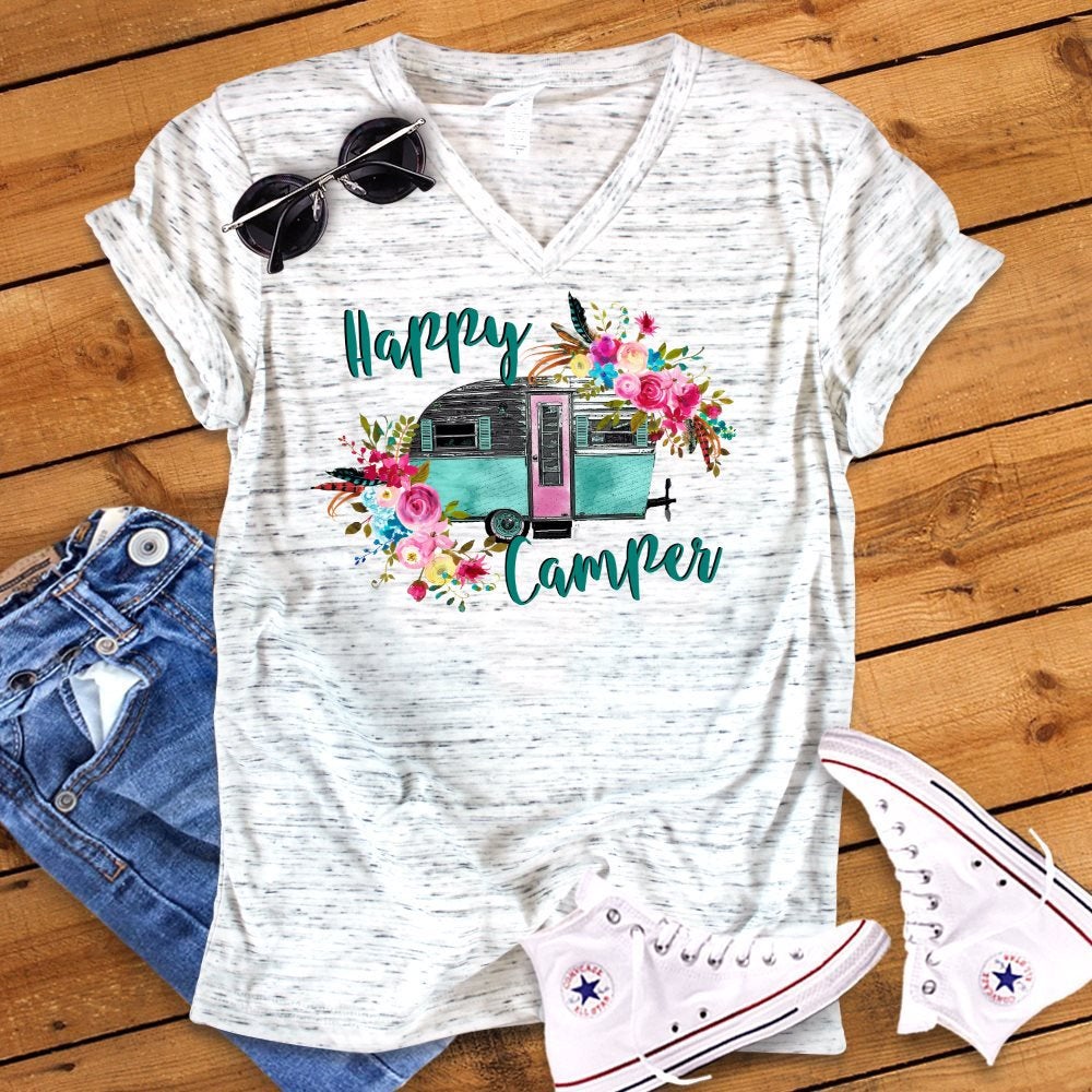 Happy Camper Camping RV Floral Watercolor Unisex V Neck Graphic Tee T-Shirt
