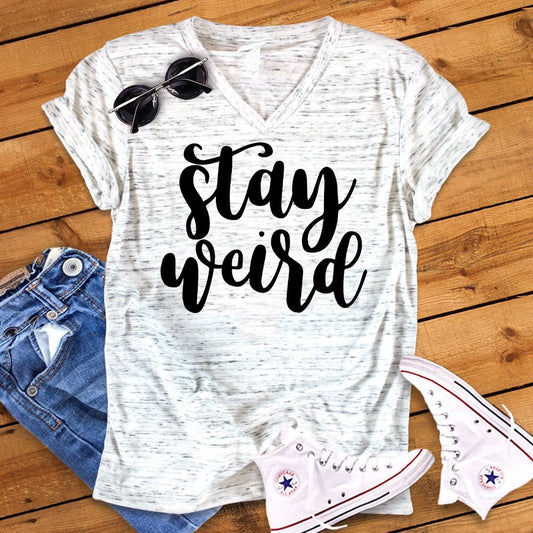 Stay Weird Novelty Funny Bella White Marble Unisex V Neck T-Shirt