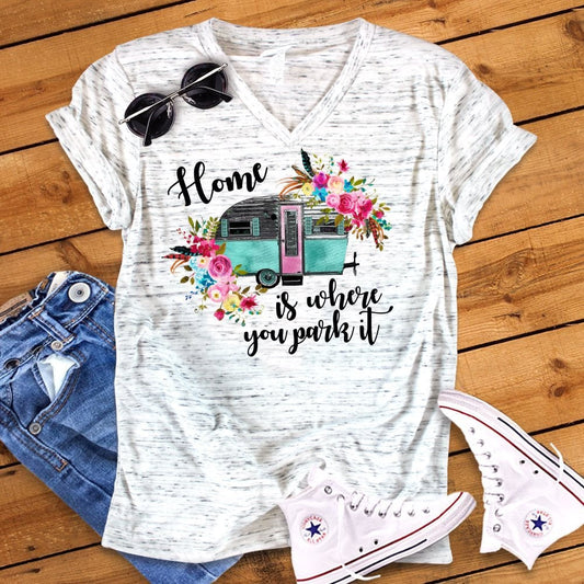 Home Is Where You Park It Camper Camping RV Floral Watercolor Unisex V Neck Graphic Tee T-Shirt