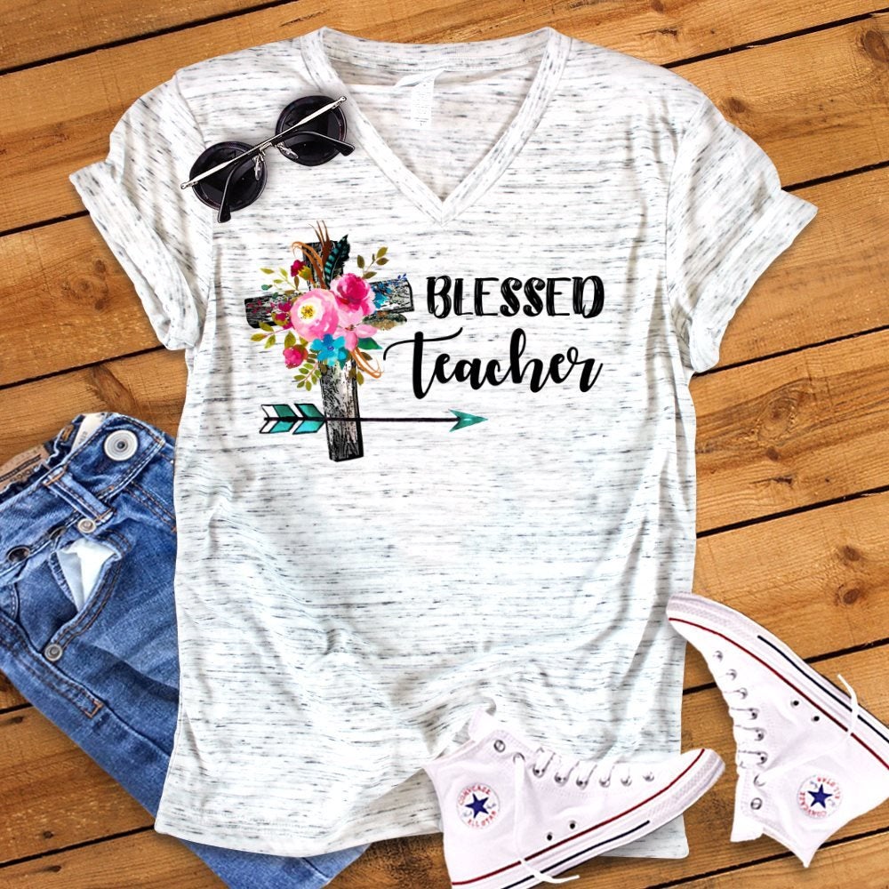 Blessed Teacher Floral Cross Novelty Graphic Inspirational Unisex V Neck Graphic Tee T-Shirt
