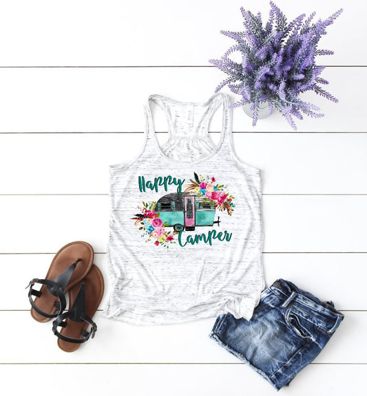 Happy Camper Camping RV Floral Watercolor Womans Tank Top Graphic Novelty Tee