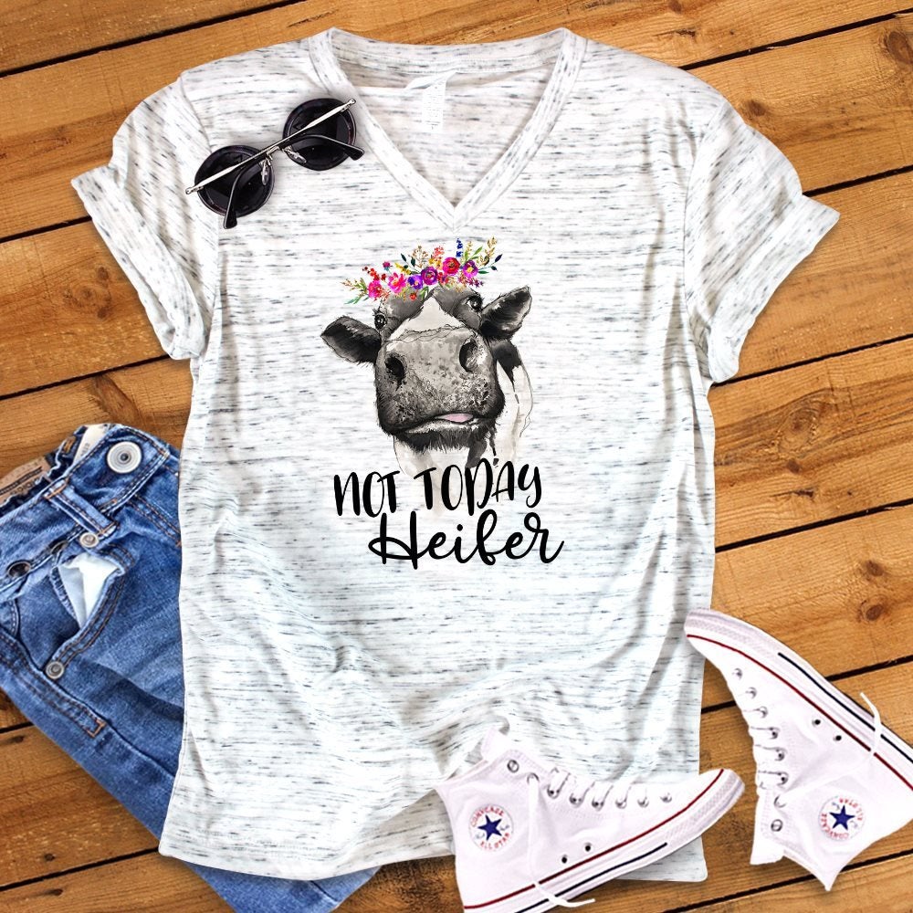 Not Today Heifer Floral Funny Cow Bella White Marble Unisex V Neck T-Shirt