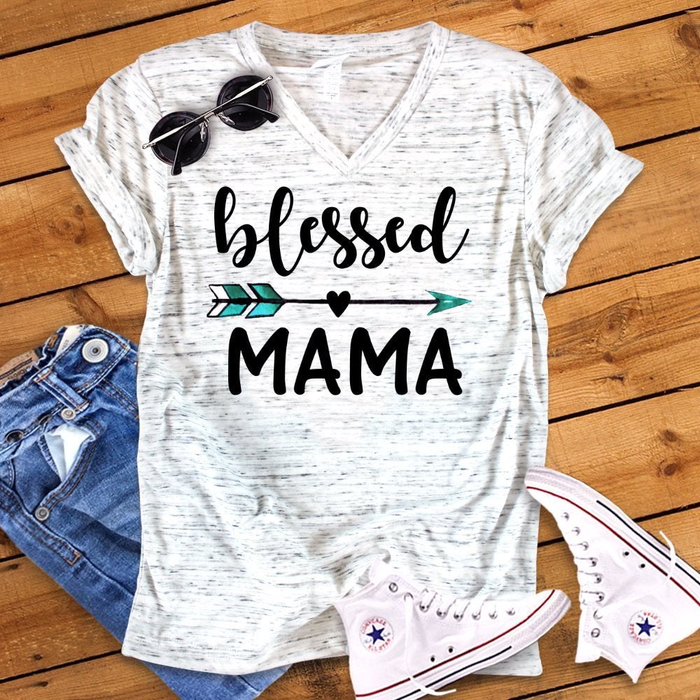 Blessed Mama Arrow Boho Heart Mother New Mom Bella White Marble Unisex V Neck T-Shirt