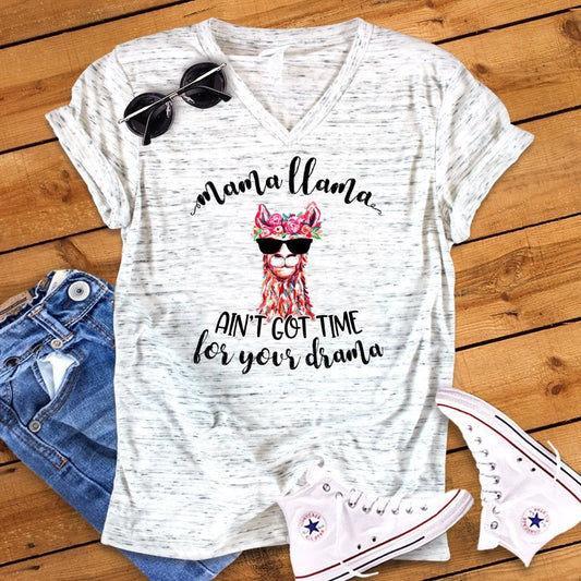 Mama Llama Ain&#39;t Got Time For Your Drama Funny Bella White Marble Unisex V Neck T-Shirt