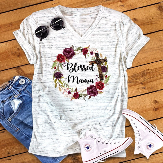 Blessed Mama Floral Wreath Watercolor Mom Mother Unisex V Neck Graphic Tee T-Shirt