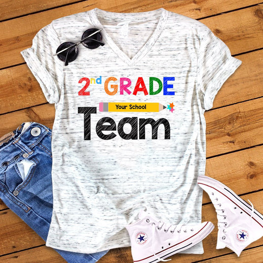 2nd Grade Team Back To School Second Grade Teacher Novelty Graphic Unisex V Neck Graphic Tee T-Shirt