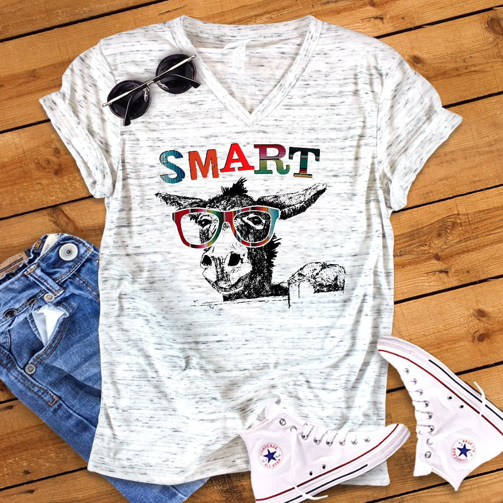 Smart Donkey Funny Bella White Marble Sarcastic Unisex V Neck T-Shirt