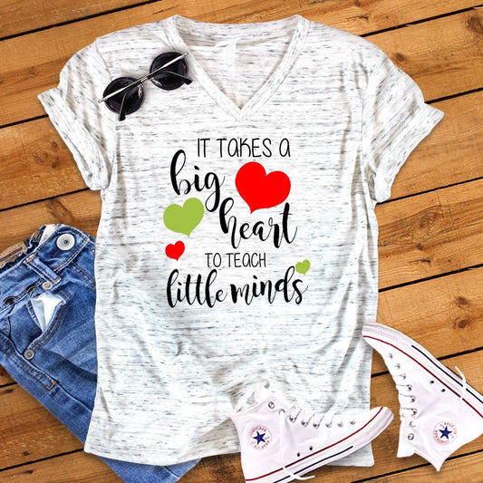 Takes A Big Heart To Teach Little Minds Teacher Bella White Marble Unisex V Neck T-Shirt