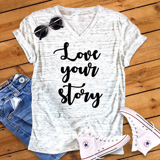 Love Your Story Bella White Marble Unisex V Neck Graphic Tee Book Lover T-Shirt