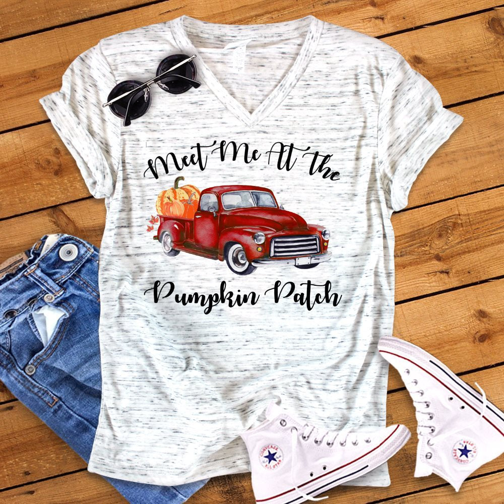 Meet Me At The Pumpkin Patch Fall Autumn Vintage Watercolor Truck Bella White Marble Unisex V Neck T-Shirt