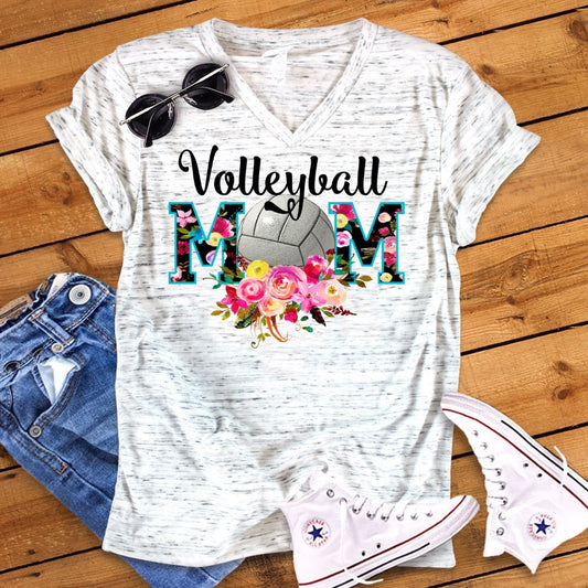 Volleyball Mom Floral Team Coach Mom Bella White Marble Unisex V Neck T-Shirt