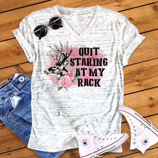 Quit Staring At My Rack Funny Deer Hunter Woman&#39;s Novelty Bella White Marble Unisex V Neck T-Shirt