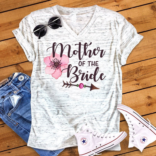 Mother Of The Bride Floral Arrow Bella White Marble Unisex V Neck T-Shirt