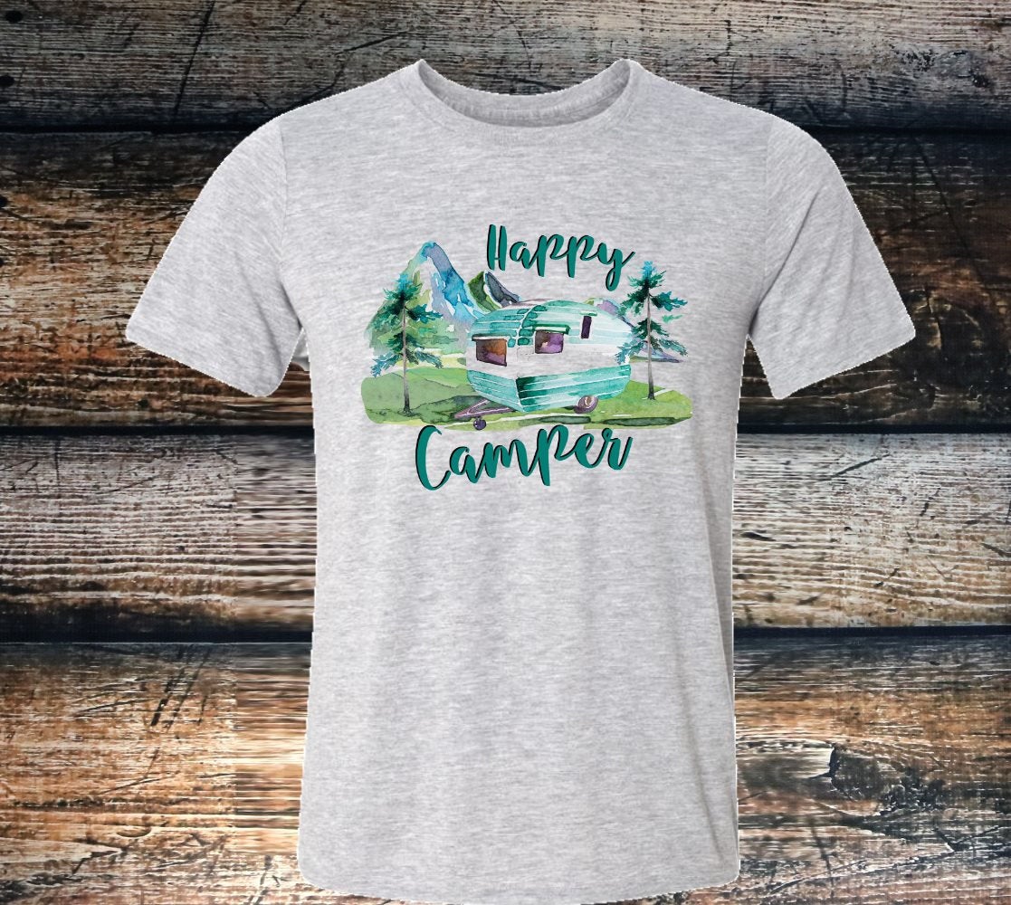 Happy Camper Camping RV Watercolor Unisex Sport Grey Graphic Tee T-Shirt