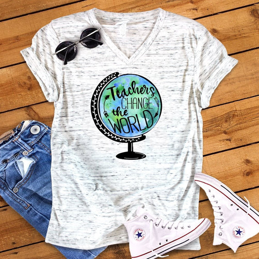 Teachers Change The World Globe Novelty Graphic Inspirational Unisex V Neck Graphic Tee T-Shirt