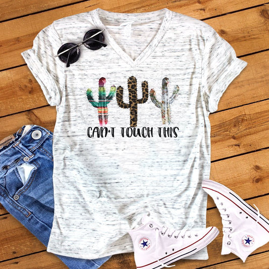 Can&#39;t Touch This Funny Cactus Novelty Bella White Marble Unisex V Neck T-Shirt