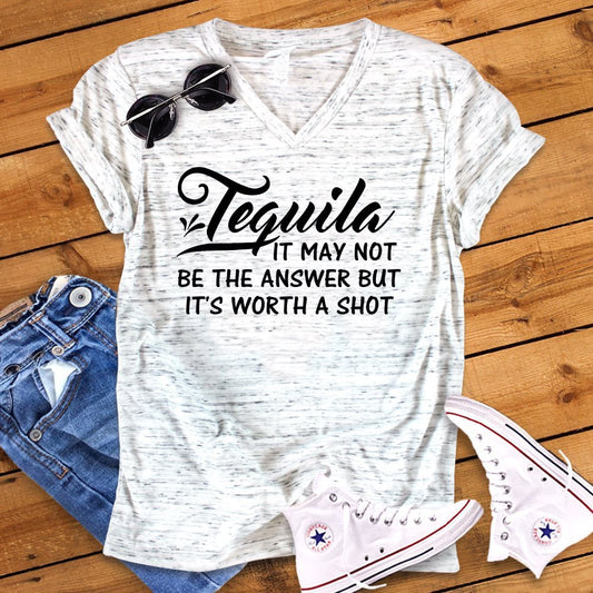 Tequila May Not Be The Answer But Worth A Shot Funny Unisex V Neck Graphic Tee T-Shirt