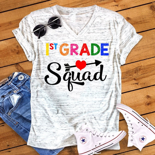 1st Grade Squad Back To School First Grade Teacher Novelty Graphic Unisex V Neck Graphic Tee T-Shirt