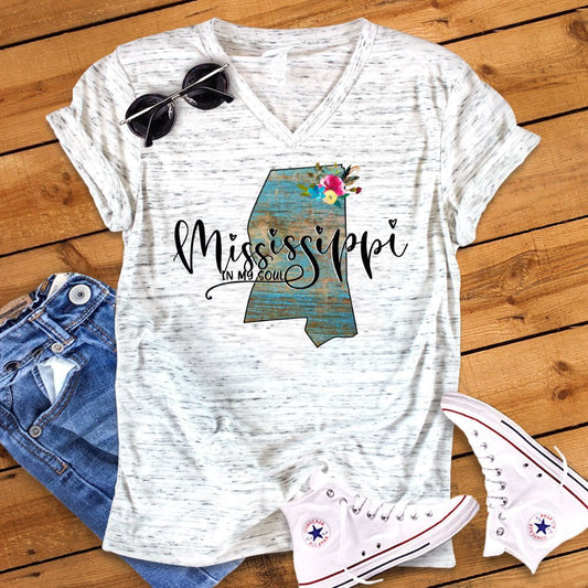 Mississippi In My Soul Floral Watercolor Unisex V Neck Graphic Tee T-Shirt