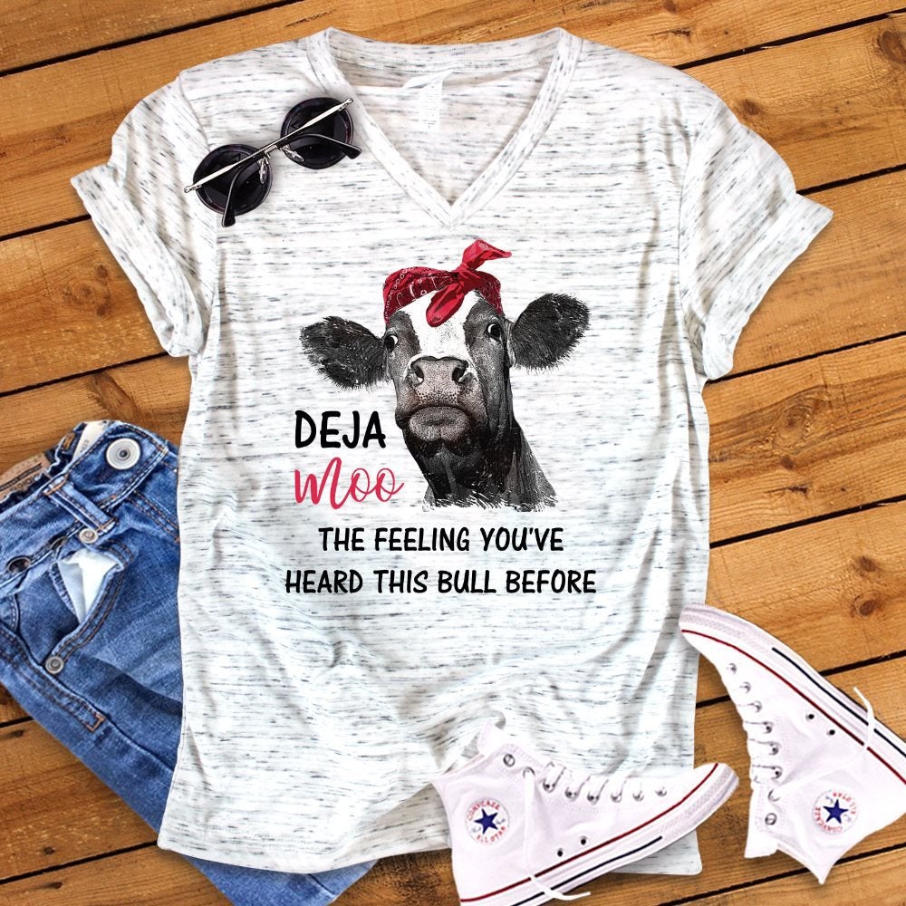 Deja Moo Feeling Heard this Bull Before Funny Cow Bella White Marble Unisex V Neck T-Shirt