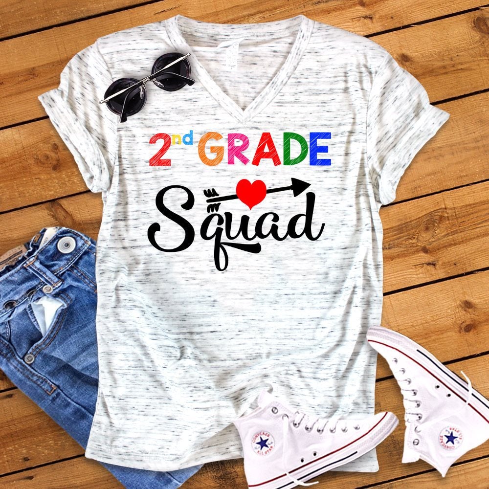 2nd Grade Squad Back To School Second Grade Teacher Novelty Graphic Unisex V Neck Graphic Tee T-Shirt
