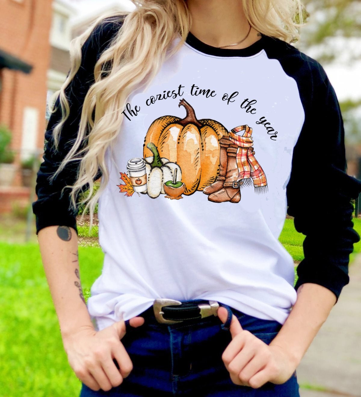 Coziest Time Of The Year Pumpkin Fall Autumn Novelty Graphic Tee T-Shirt Raglan Shirt
