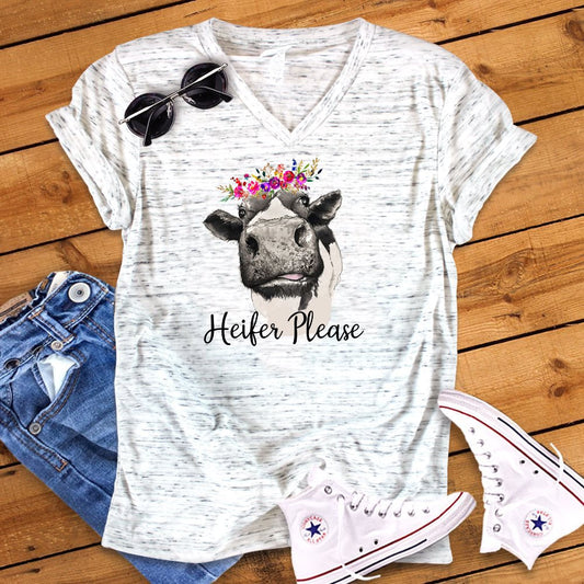 Heifer Please Floral Funny Cow Bella White Marble Unisex V Neck T-Shirt