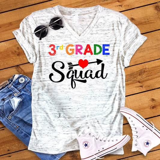 3rd Grade Squad Back To School Third Grade Teacher Novelty Graphic Unisex V Neck Graphic Tee T-Shirt
