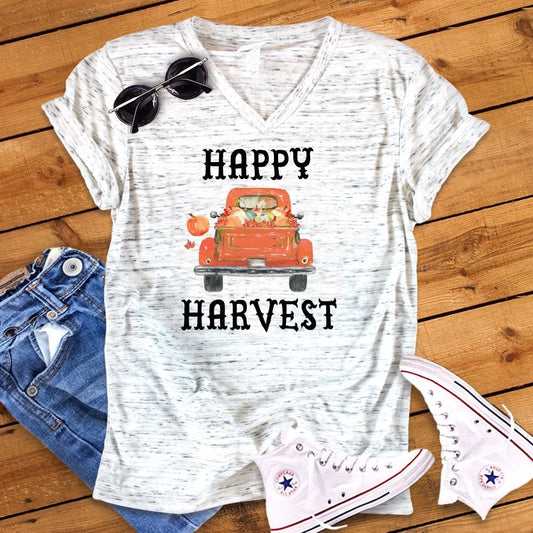 Happy Harvest Pumpkin Fall Autumn Vintage Watercolor Truck Bella White Marble Unisex V Neck T-Shirt