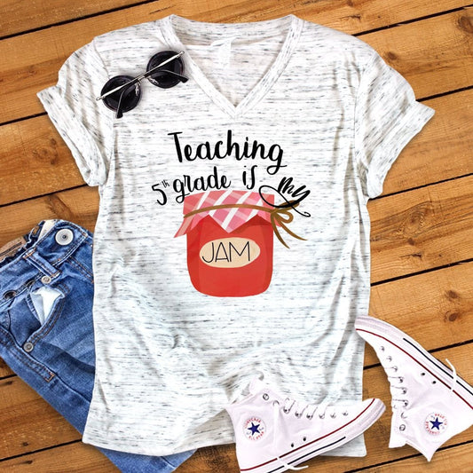 Teaching  5th grade Is My Jam Back To School Teacher Novelty Unisex V Neck Graphic Tee T-Shirt