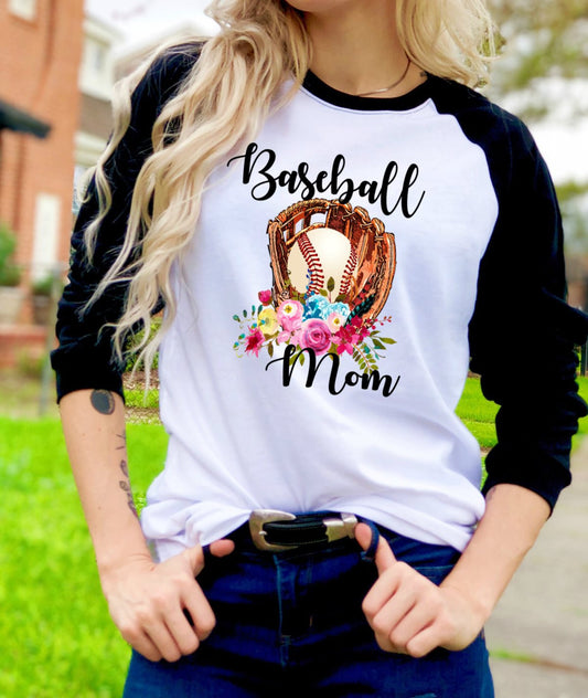Baseball Mom Floral Watercolor Graphic Tee Raglan Shirt