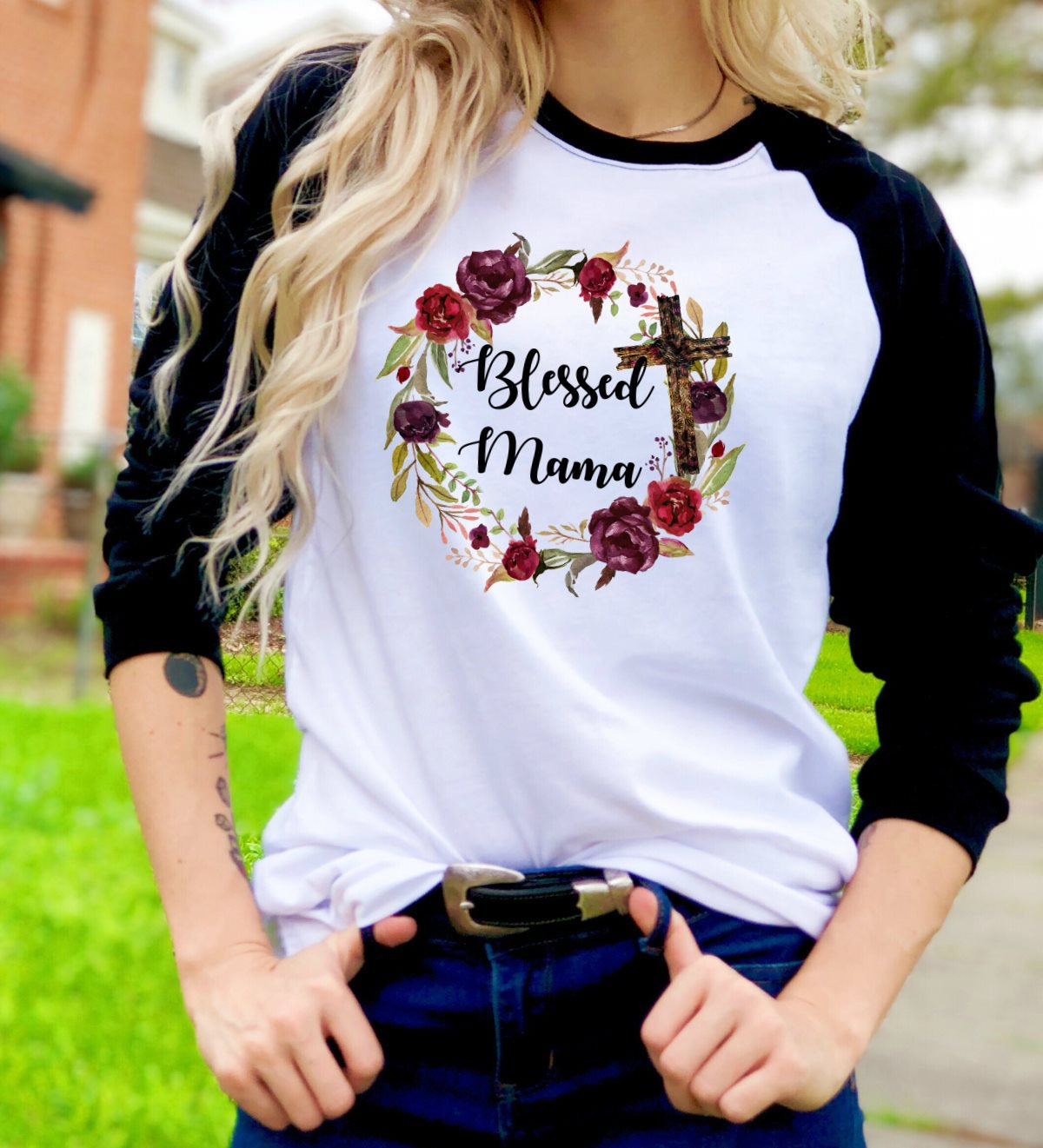 Blessed Mama Floral Watercolor Graphic Tee Raglan Shirt