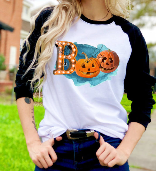 Boo Halloween Pumpkin Trick or Treat Watercolor Graphic Tee Raglan Shirt