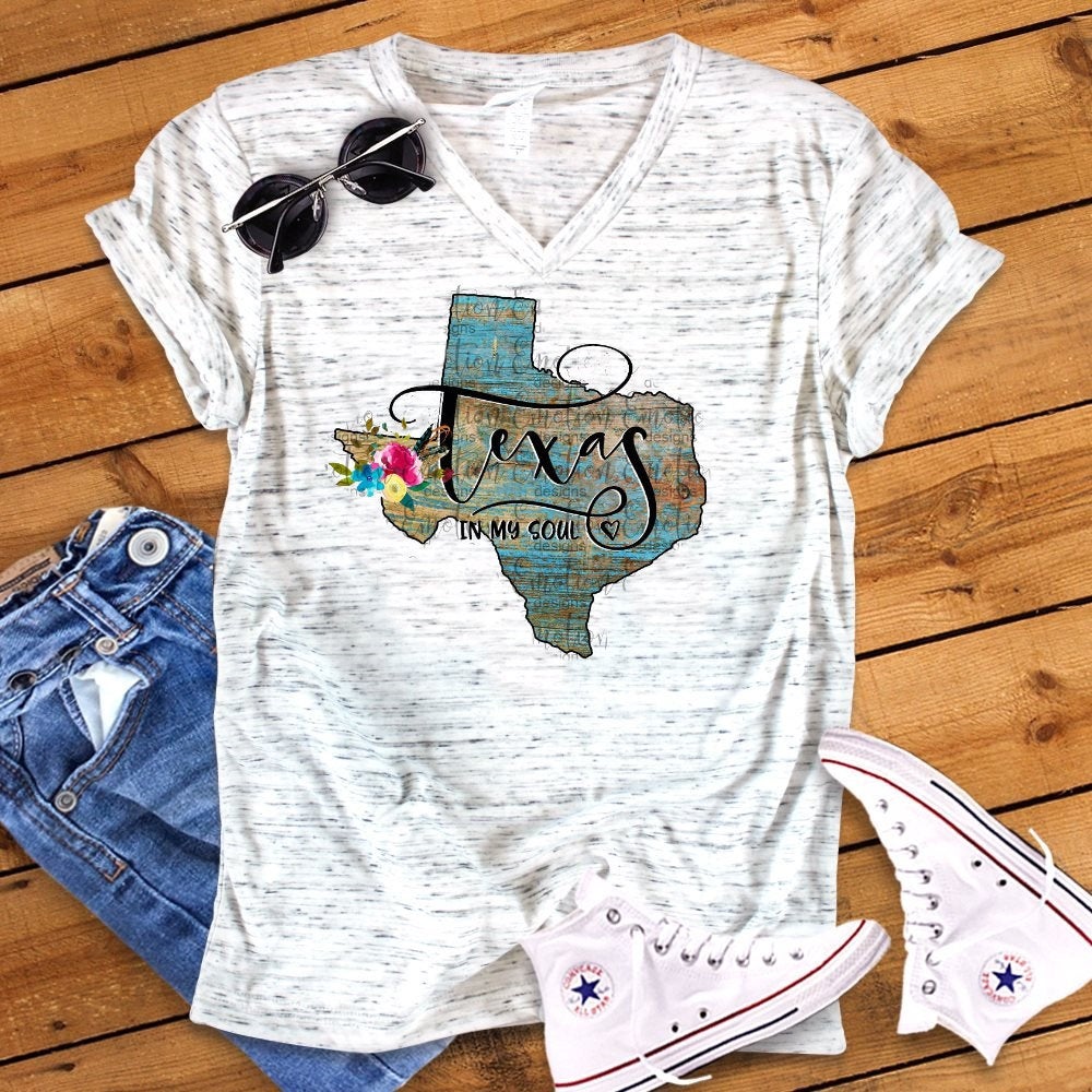 Texas In My Soul Floral Watercolor Unisex V Neck Graphic Tee T-Shirt