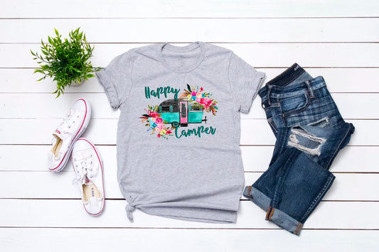 Happy Camper Camping RV Floral Watercolor Unisex Sport Grey Graphic Tee T-Shirt