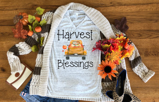 Harvest Blessings Thanksgiving Fall Autumn Truck Bella White Marble Unisex V Neck T-Shirt
